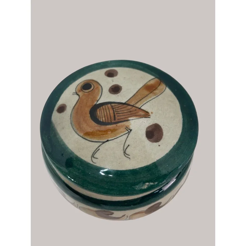 Mexican HandPainted Ceramic Jar w Lid Bird Floral Design Green & Brown Accents